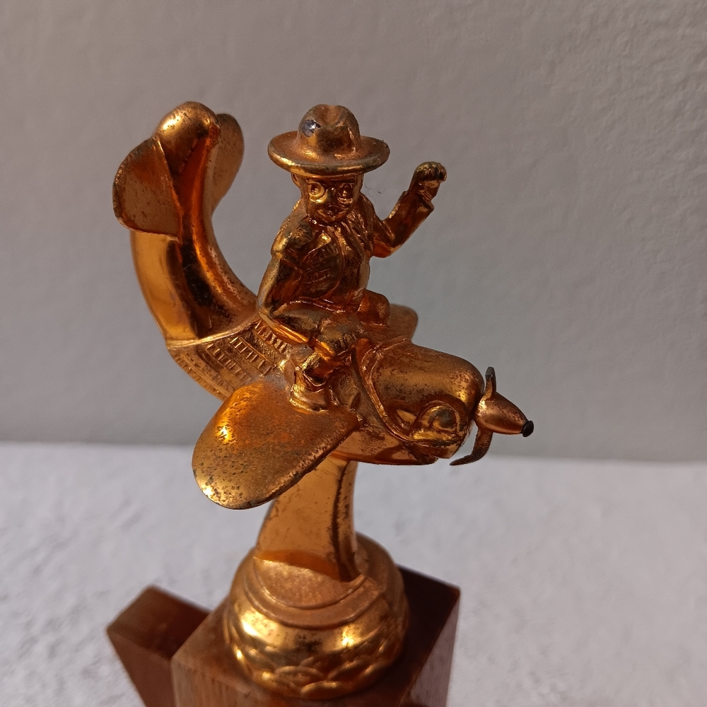 Vintage 1955 Cowboy Riding Airplane Bronze Trophy with Maple Wood Stand